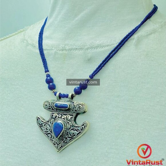 Handmade Lapis Lazuli Necklace, Tribal Beaded Chain Pendant Necklace, Gemstone - Picture 8 of 15